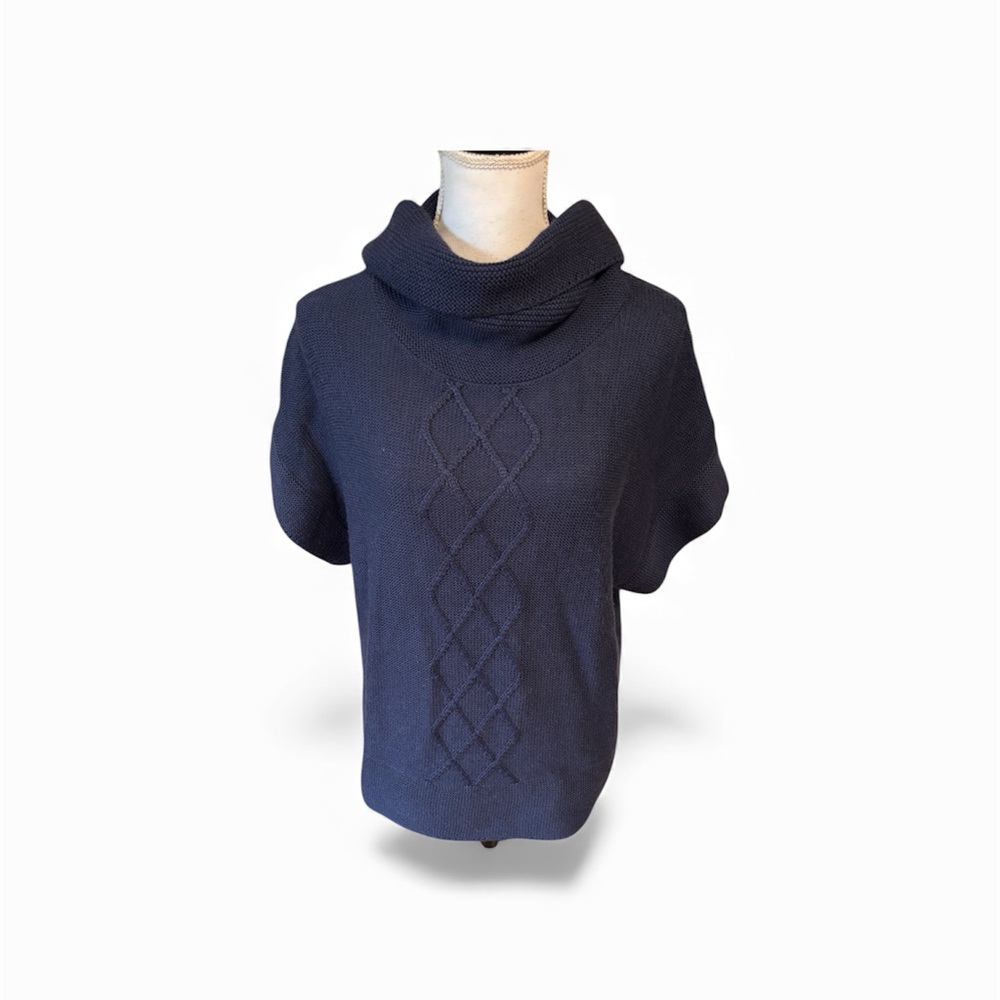 Blue Short Sleeve Turtleneck Sweater Medium Wool Coastal Grandma Nautical Loose